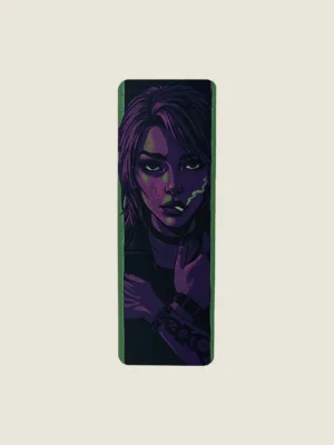 Zakładka do książki 3D z portretem kobiety w neonowym świetle fioletu i zieleni.