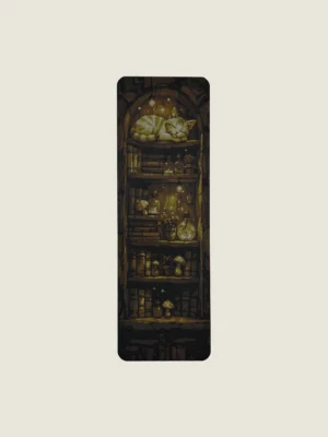 Zakładka 3D Zaklęte półki – śpiący kot na półce w bibliotece, otoczony książkami, fiołkami i światłem