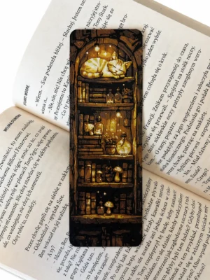 zakładka do książki 3D zaklęte półki magiczna biblioteczka z kotem włożona w książkę