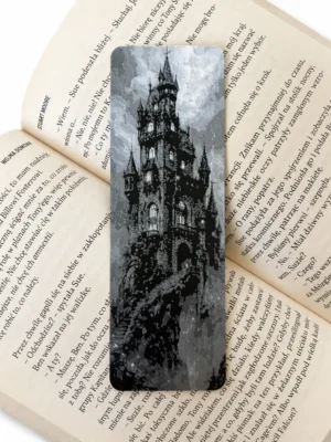 zakładka do książki 3D zamek mroczny zamek fantasy na skale włożona w książkę