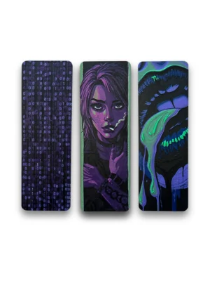 zestaw zakładek do książki 3D cyfrowa świadomość z motywem kodu, kobiecej twarzy i abstrakcyjnej formy w stylu cyberpunk